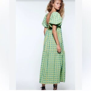 NWT ZARA PUFF SLEEVE PLAID GINGHAM PRINT DRESS Blue/ Yellow Size Small